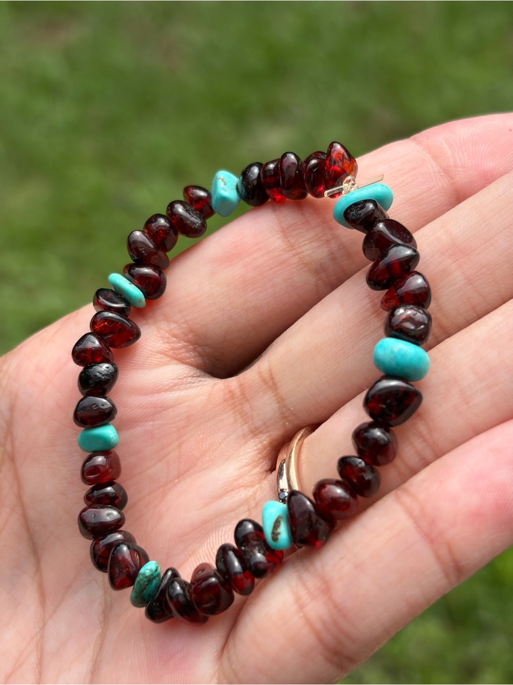 Cherry Red Baltic Amber and Turquoise Bead Stretch Bracelet